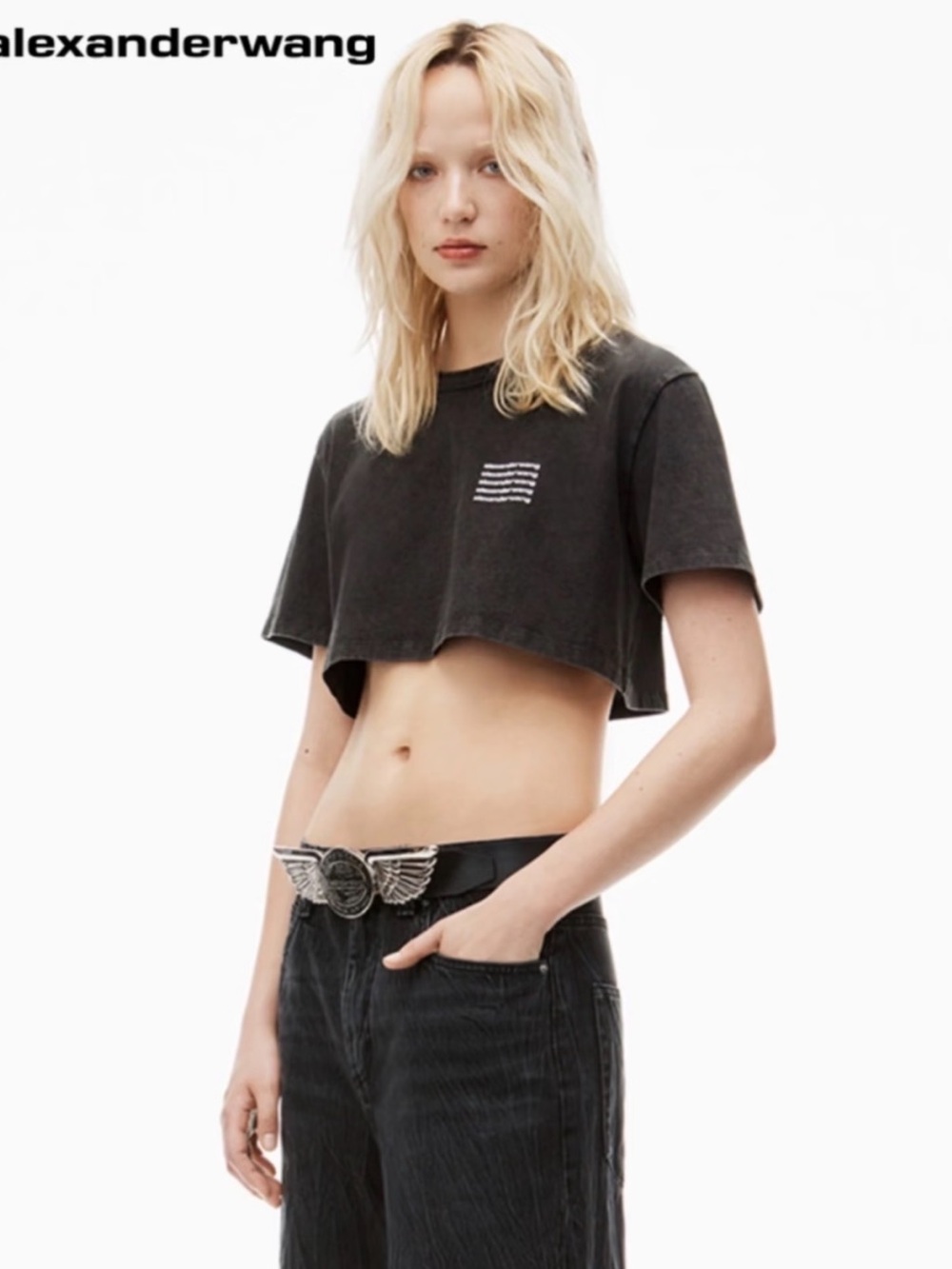 Alexander Wang Washed Black Denim Cropped Short Sleeve Tee | Size XS
